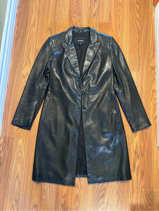 Express Jackets & Blazers - Express Dark Green Leather Longline Trench Coat